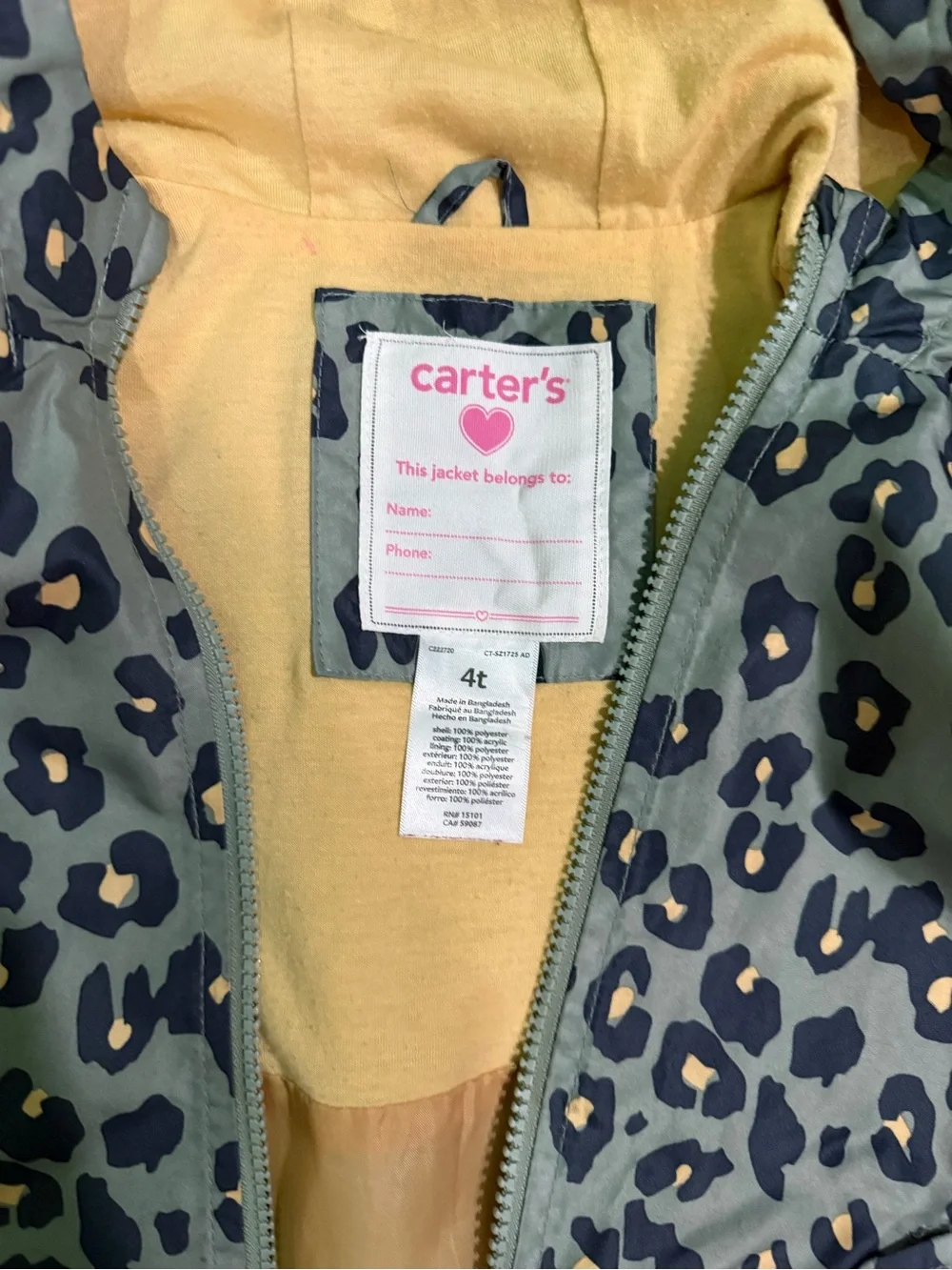 Carter's Green Leopard Print Hooded Raincoat with Yellow Lining